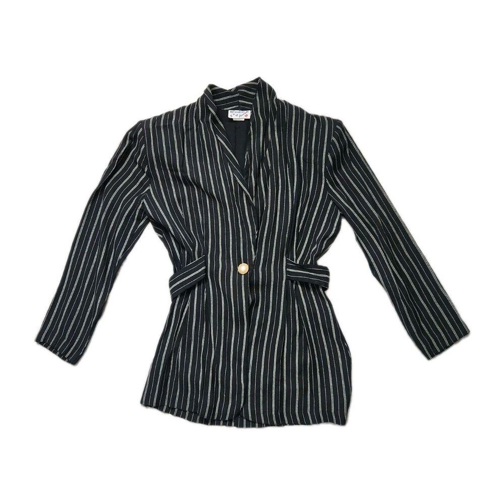 VTG Breakin Hearts Pinstripe Suit Jacket Black White Cream Single Button Sz 5/6